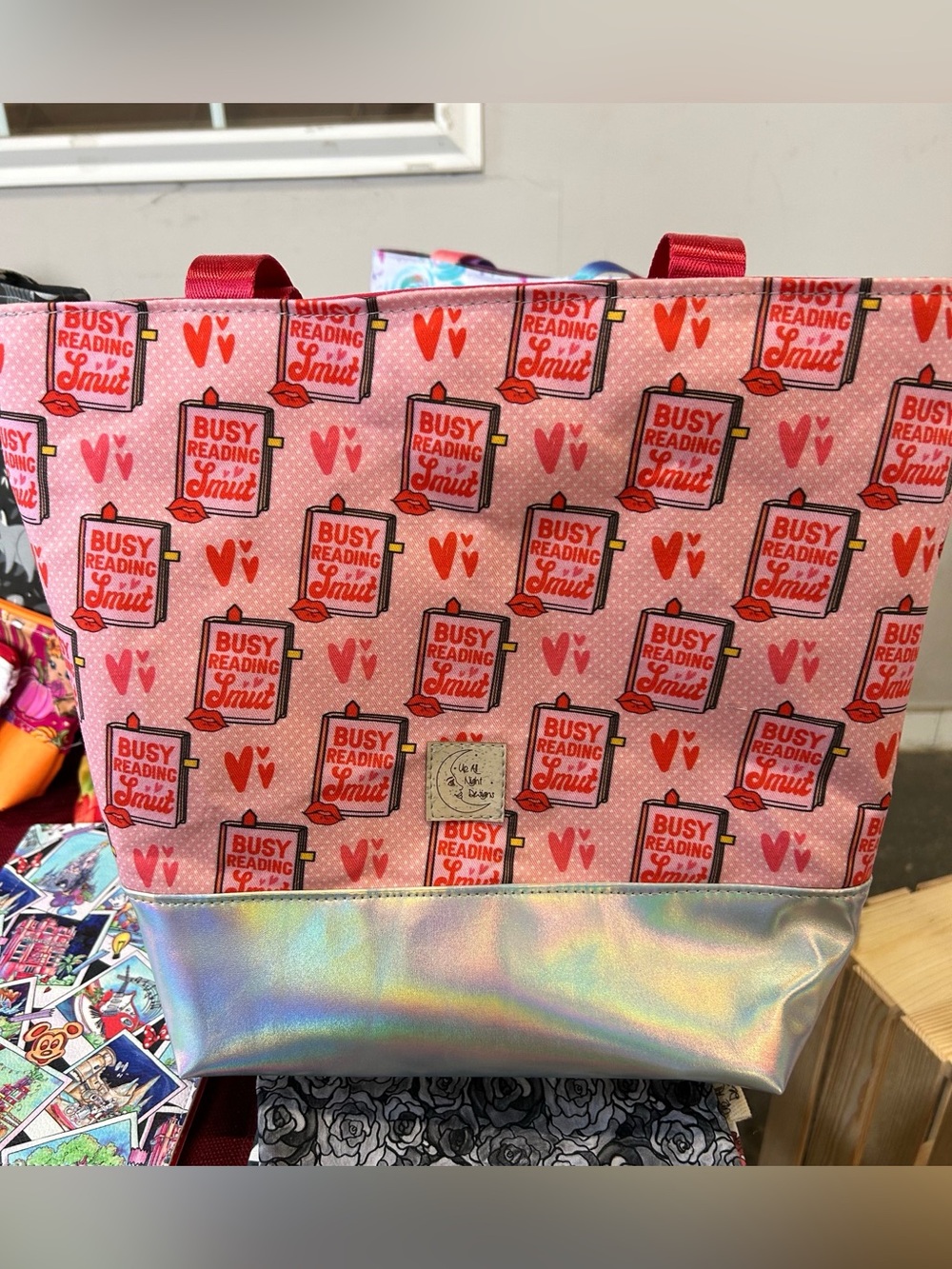 Busy Reading Smut Pink Tote Bag with Holographic Base